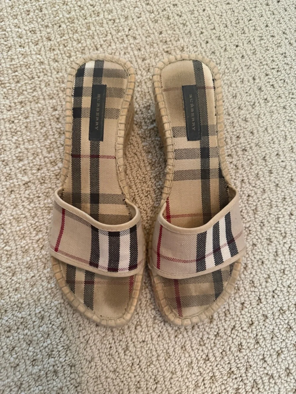 Authentic Burberry Tan Nova Check Slide Sandals with Red and Black Accents